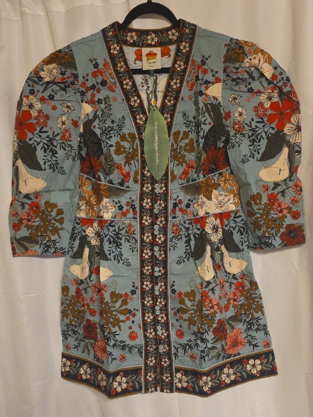 FARM Rio Beauty Bouquet Sky Blue Floral Embroidered Mini Dress Cotton Size XL - Picture 6 of 16